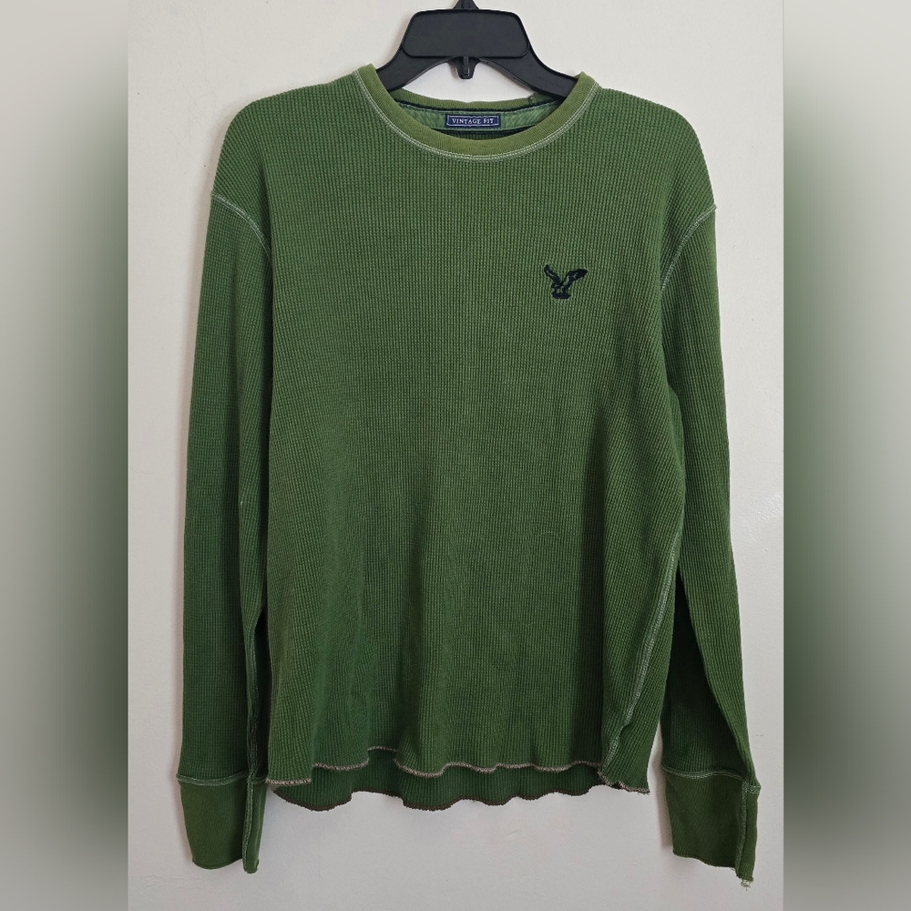 Vintage Men's American Eagle Waffle Knit Thermal Long Sleeve Shirt Medium Green